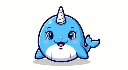 Obraz premium Cute Cartoon Narwhal with Horn Smiling Blue Ocean Whale Stock Illustration