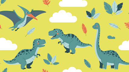 Fototapeta premium Cute seamless pattern for children featuring various dinosaurs like T-rex and Brachiosaurus with clouds and leaves on a sunny yellow background.