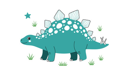 Obraz premium Colorful illustration of a friendly stegosaurus dinosaur with its distinctive plates and spiked tail standing in a simple grassy landscape scene.