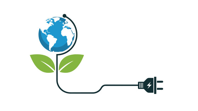 Creative environmental concept showing the planet earth connected by a power cord and a plug to green leaves promoting sustainable energy solutions.