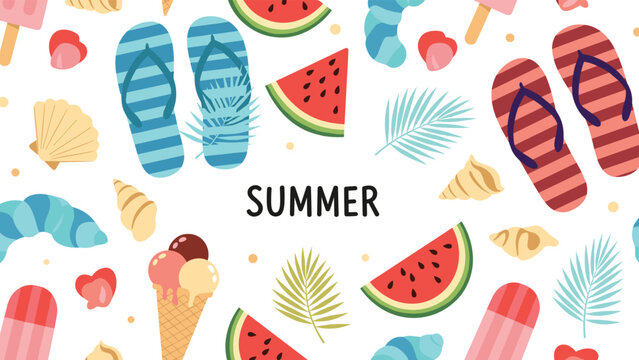 Vibrant summer pattern background with colorful icons of flip flops watermelon slices ice cream cones shells and palm leaves for beach themes.