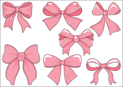 Pink Bow Ribbon Different Design Collection for Decor Fashion Pattern Knot Loop Tie Vector