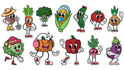 Obraz premium Vegetable cartoon characters in various fun poses and activities