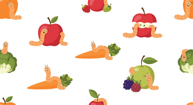 Seamless pattern with cute worms on fruits and vegetables, funny garden pests on apple carrot and berries vector illustration background
