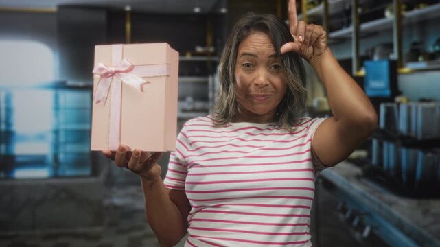 Woman holding pink gift box with hand and making l sign with index finger to forehead in a kitchen building; playful teasing.