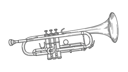 Obraz premium Detailed engraving style line drawing of a trumpet musical instrument used in jazz and classical orchestra performances.