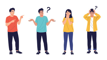 Obraz premium Group of men showing various expressions of confusion and frustration with question marks for problem solving concepts.