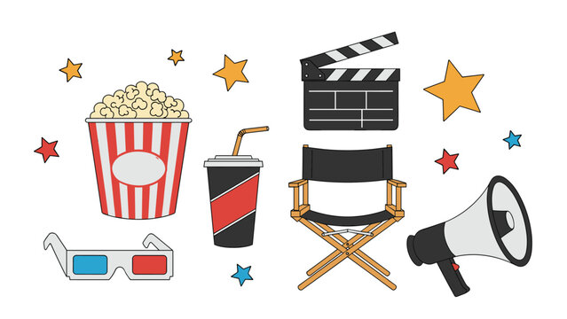 Collection of movie theater icons including popcorn soda clapboard and directors chair for cinema entertainment themes.