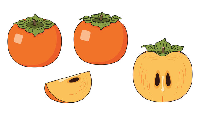 Fresh orange persimmon fruits shown whole and in sliced pieces for autumn harvest and healthy nutrition concepts.