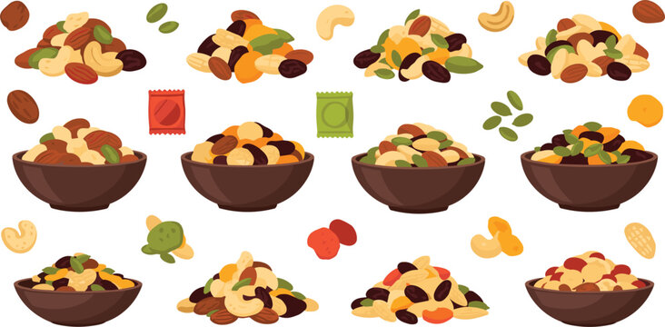Trail mix and dried fruit snacks set with nuts seeds and berries, healthy food bowls and ingredients vector illustration collection