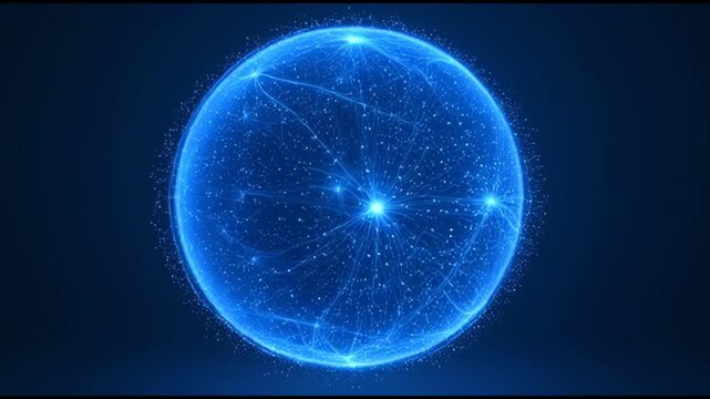 A glowing blue sphere with a network of lines and dots against a dark background conveys a futuristic and technological mood