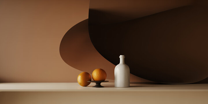 Still life with two oranges and a white bottle on a shelf brown background