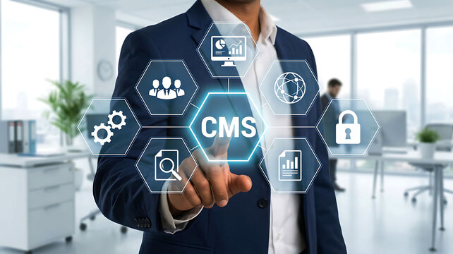 Businessman pointing to CMS icon representing content management system technology