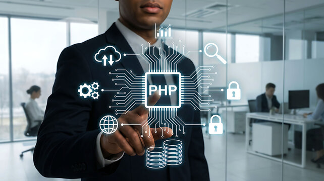 Businessman touching PHP icon for web development and server side programming software