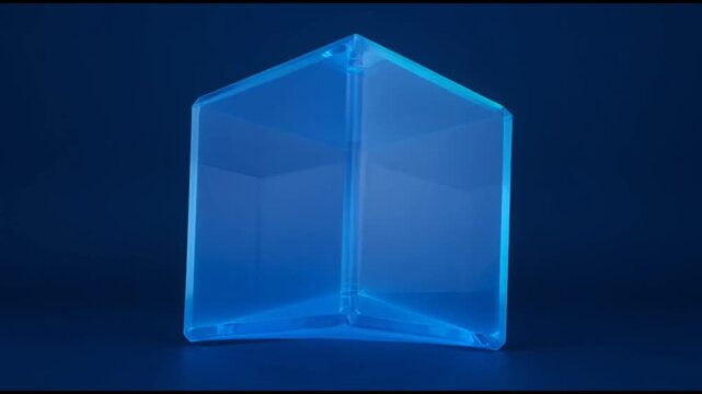 A translucent blue cube sits on a dark blue surface with a dark blue background