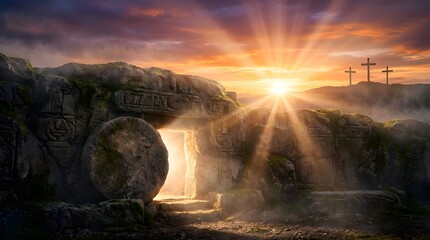Naklejka premium Resurrection of Jesus Christ with empty tomb and crosses at sunrise