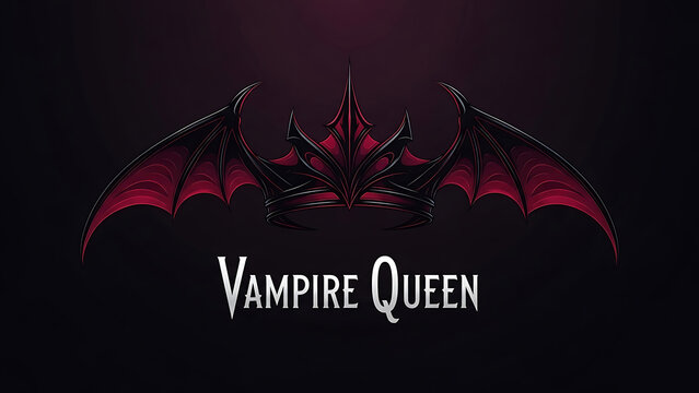 A vampire queen stands majestically in darkness, adorned with red wings and a crown, exuding supernatural mystery and power indoors.
