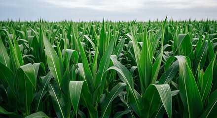 Fototapeta premium Aerial view of young corn plants growing in perfect rows on fertile soil