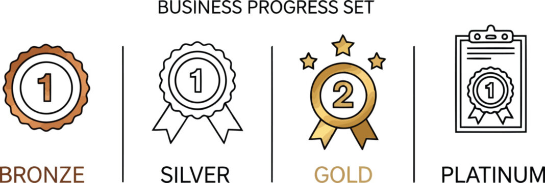 Business progress tiered awards set with bronze silver gold platinum ribbons and badges