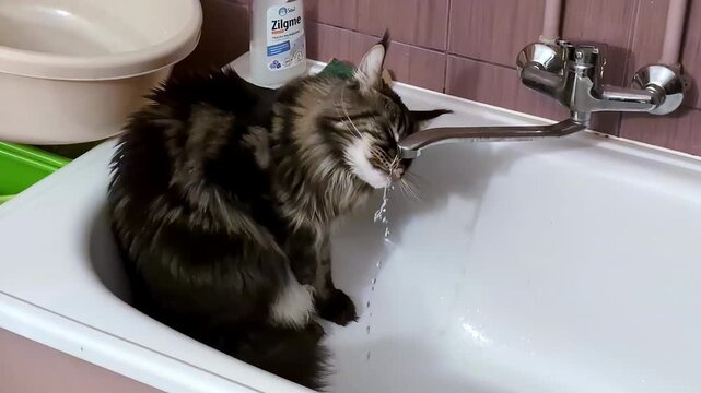A beautiful striped black cat playing with tap water