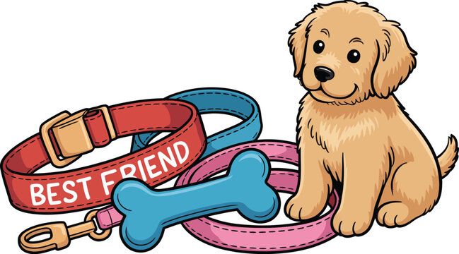 A cute cartoon puppy sitting with colorful dog collars and a bone