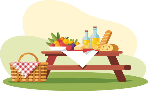 A colorful picnic setup with food and drinks on a wooden table outdoors