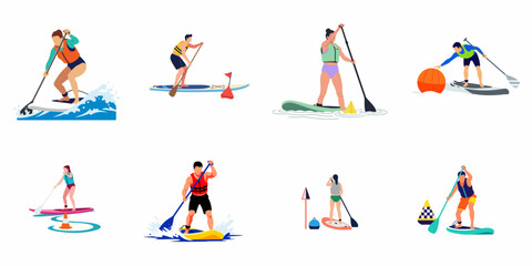 Set of flat vector illustrations depicting various people engaging in stand-up paddleboarding activities, including racing, surfing waves, and navigating around buoys on water. © Maya