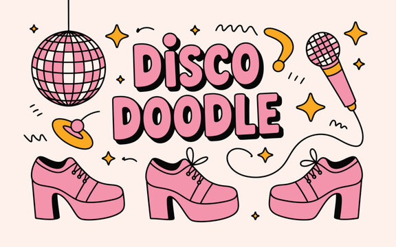 A colorful illustration of a disco-themed doodle with pink shoes and accessories