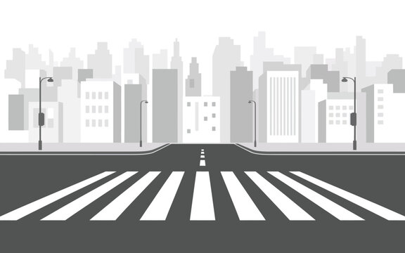A grayscale illustration of a city street with a crosswalk and skyscrapers