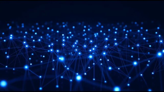 Network of glowing blue nodes and connections on a dark background with a futuristic mood