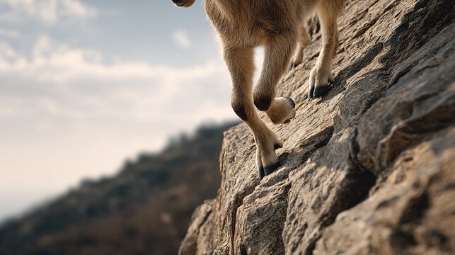 Close up view of a mountain goat's legs skillfully climbing a steep rugged rock face under a cloudy sky