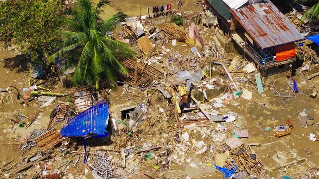 Drone view of typhoon destroyed homes in Cebu after extreme weather floods