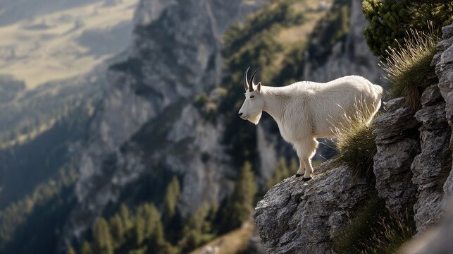 White mountain goat standing alertly on a precarious rocky cliff edge overlooking a deep forested valley
