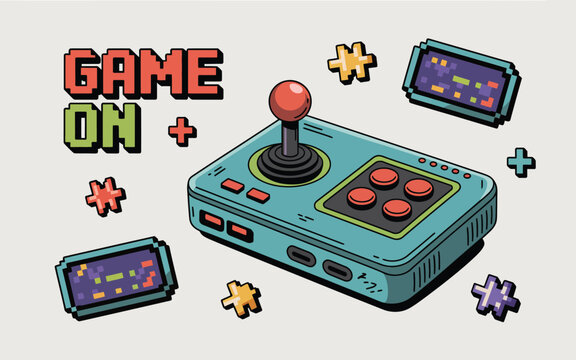 A colorful illustration of a vintage video game controller with game on text