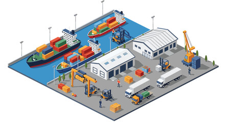 Obraz premium International shipping and logistics port featuring container ships at dock with cranes trucks and warehouses in a busy terminal.