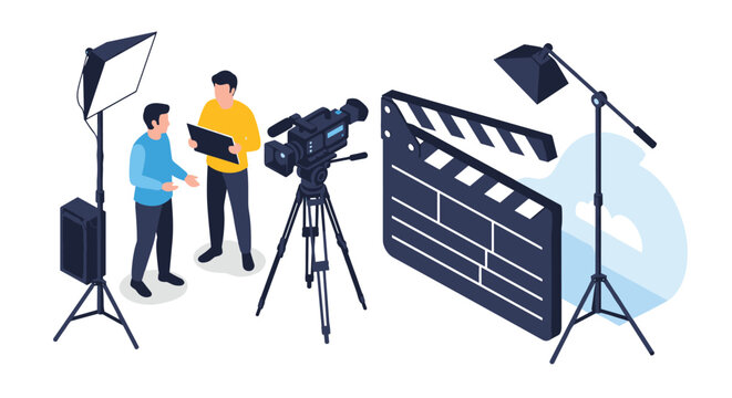 Professional video production and filmmaking set featuring camera crew with lighting equipment and large movie clapperboard.