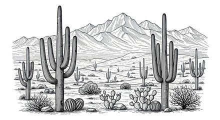 Desert Landscape with Saguaro Cacti and Mountains, Hand-Drawn Sketch © anis