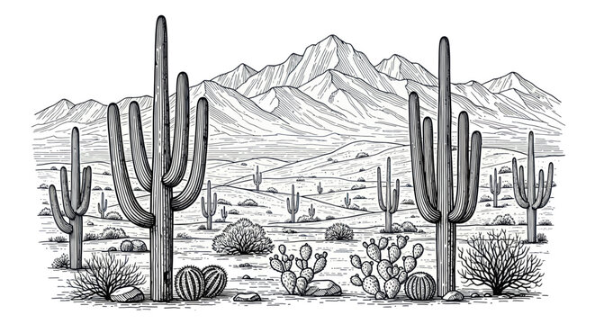 Desert Landscape with Saguaro Cacti and Mountains, Hand-Drawn Sketch