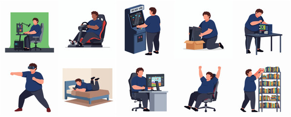 Flat Illustration Gamer Lifestyle Diverse Activities and Equipment Isolated on White © Hcane