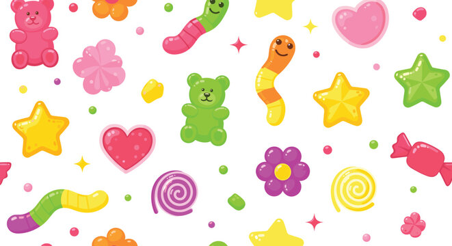 Colorful Kawaii Candy and Gummy Sweets Collection with Bears Hearts Stars Worms and Lollipops Cartoon Style for Kids Design, Stickers, and Fun Illustrations