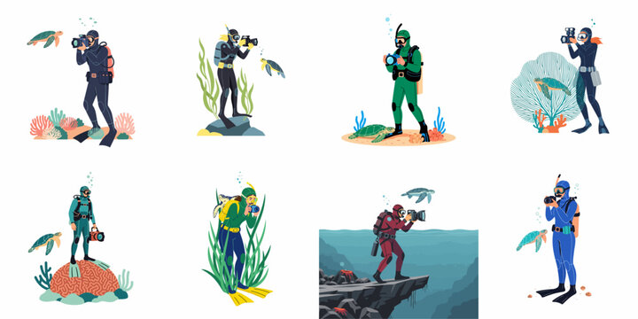 Vector set of underwater photographers and scuba divers exploring the ocean, taking pictures of sea turtles and coral reefs.