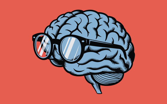 A cartoon brain wearing black glasses on a red background with white border