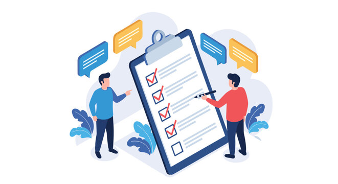 Project management and task completion checklist illustration with team members checking off a clipboard.
