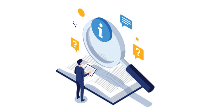 Information search and academic research concept showing a person using a magnifying glass over an open book.
