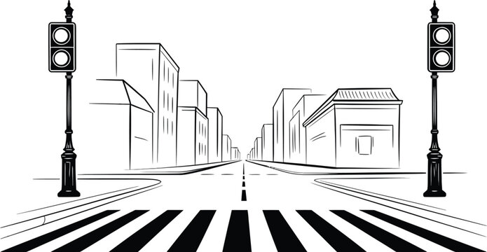 A black and white illustration of a city street with traffic lights and buildings