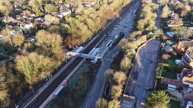 Panning drone aerial Gerrards Cross Station, UK ,Chiltern Main Line