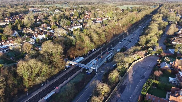 Gerrards Cross Station, UK ,Chiltern Main Line drone aerial view 4K footage