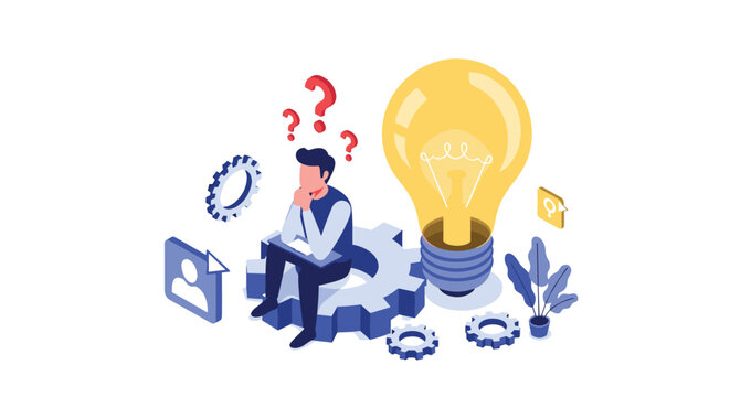 Creative problem solving and idea generation concept with a thinking person, gears, and a large lightbulb.
