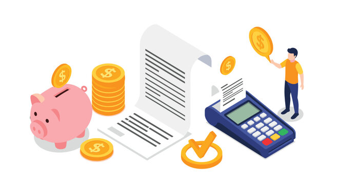 Financial savings and payment processing concept with a piggy bank, coins, receipt, and electronic terminal.
