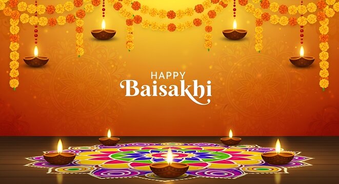 Festive Baisakhi Banner with Rangoli and Saffron Gradient